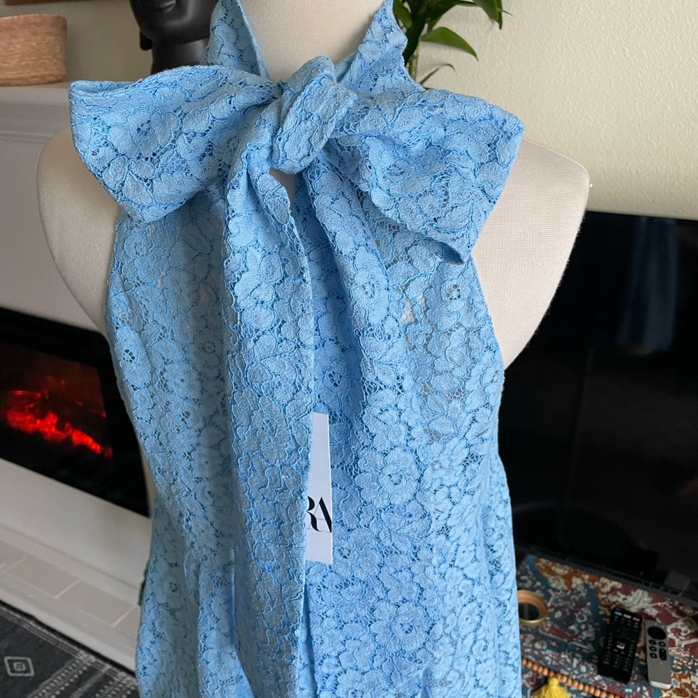 Zara tie-neck blue lace blouse NWT - Picture 5 of 10